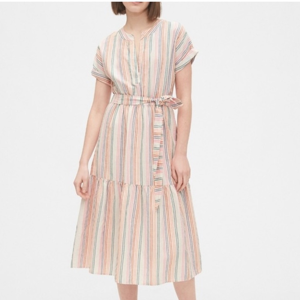 Gap Linen Blend Multi-Stripe Midi Dress